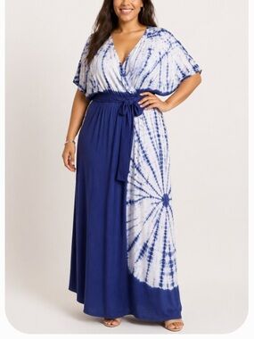 Ashley Stewart NWT Indigo & White Tie-Dye Belted Maxi Dress 100% Rayon Size 12